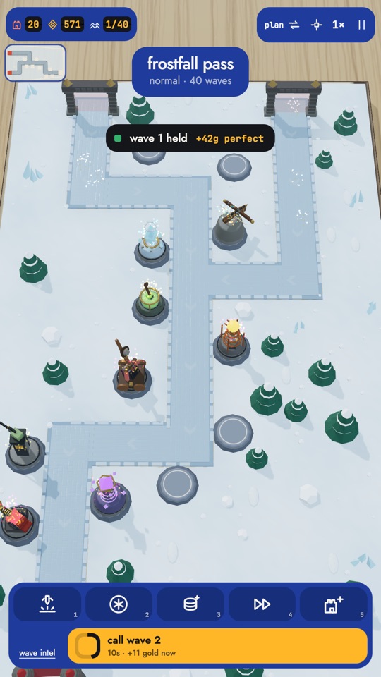 Holdline gameplay: towers defending a snowy path