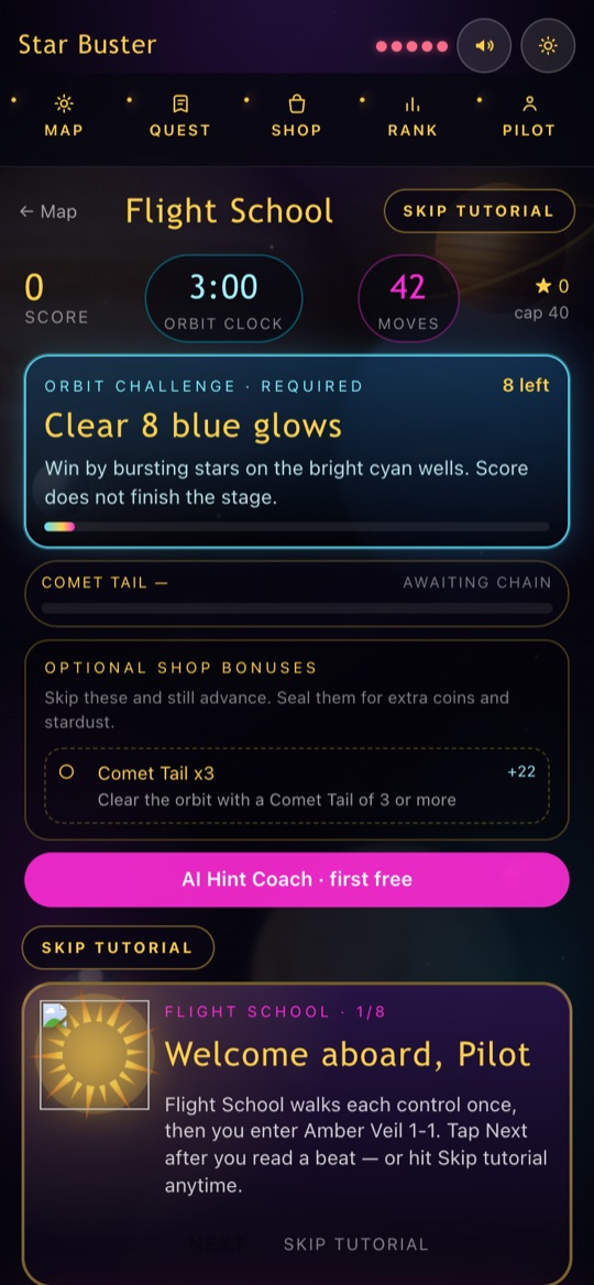 Star Buster: Flight School tutorial screen