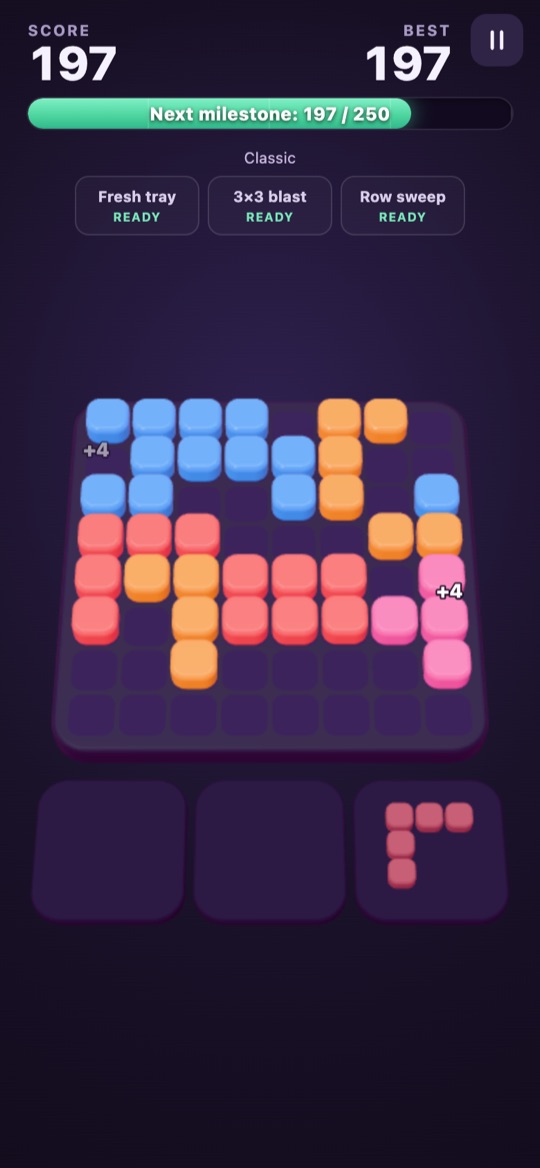 Tumbleblox gameplay: coloured blocks on an eight-by-eight board